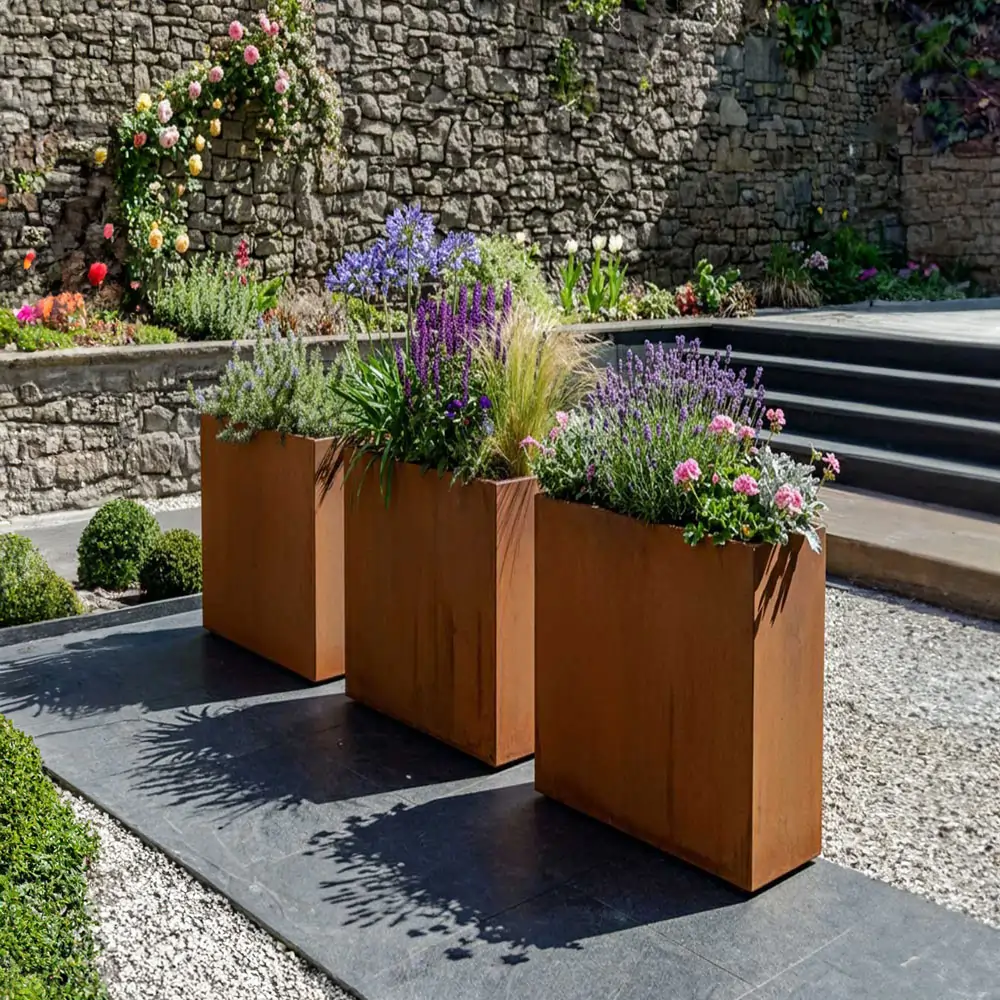 Pre-Rusted Corten Steel Straight Edge Tall Trough Planter with Feet - Image 51
