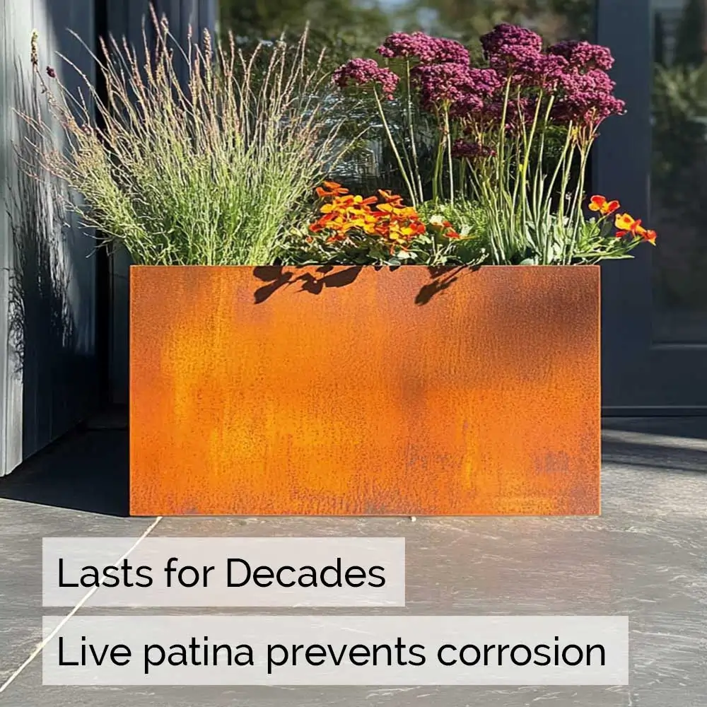 Pre-Rusted Corten Steel Straight Edge Tall Trough Planter with Feet - Image 8