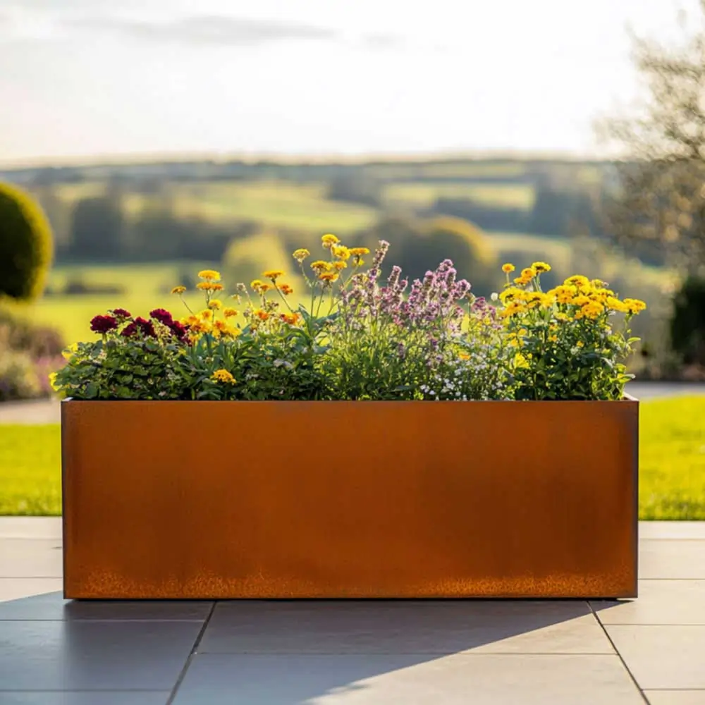 Pre-Rusted Corten Steel Straight Edge Trough Planter with Feet - Image 13