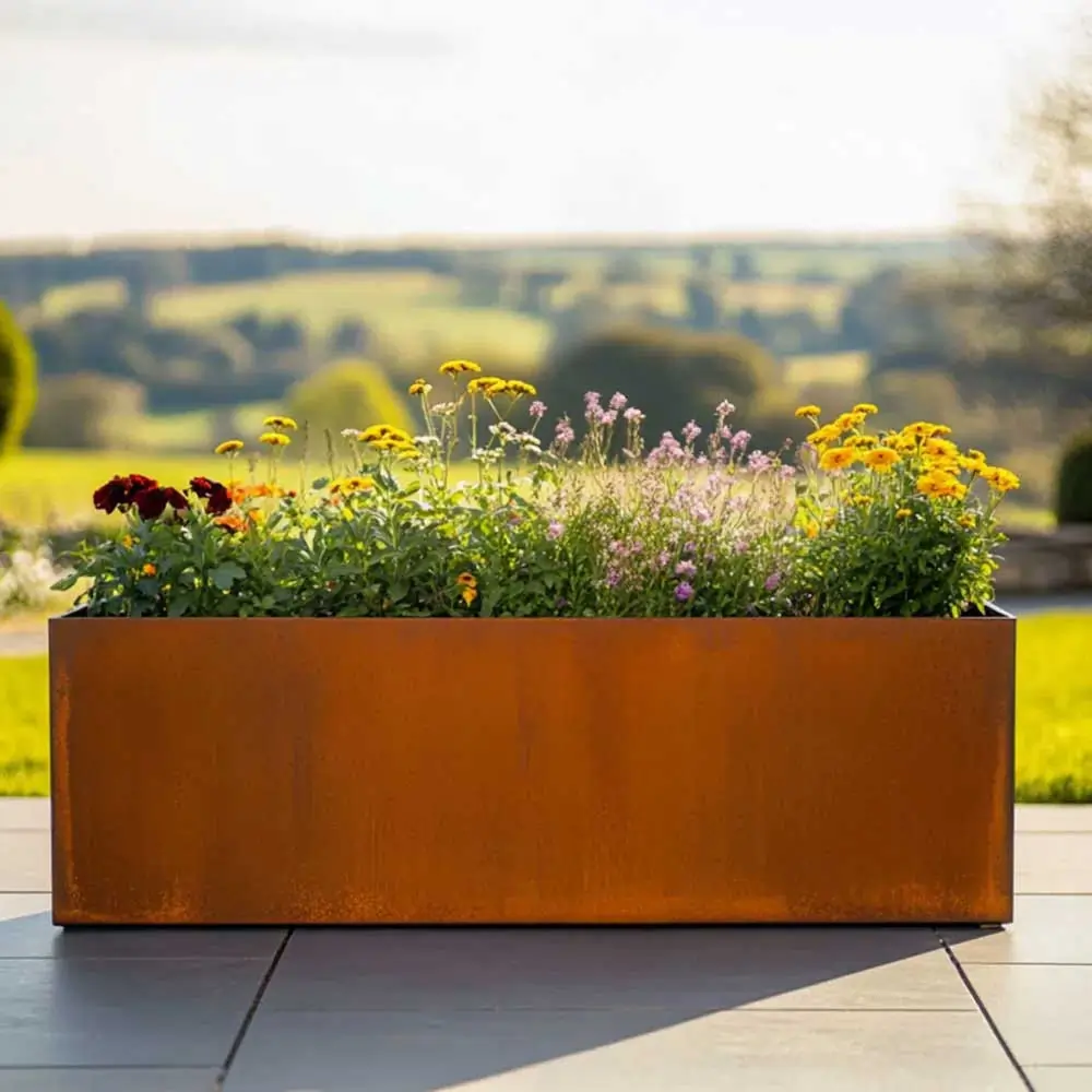 Pre-Rusted Corten Steel Straight Edge Trough Planter with Feet - Image 8