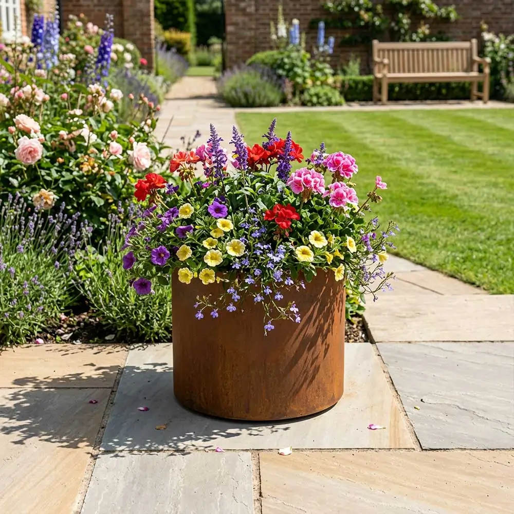 Pre-Rusted Corten Steel Round Short Cylinder Planter with Feet - Image 10