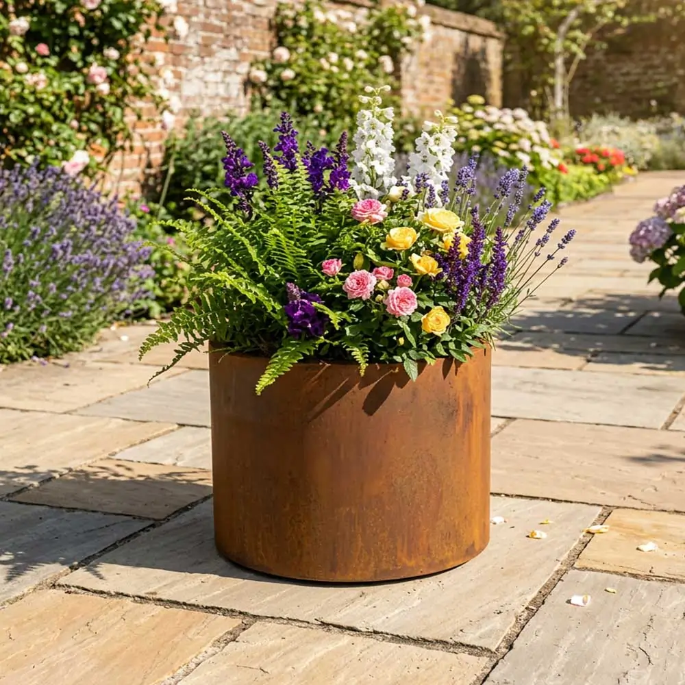 Pre-Rusted Corten Steel Round Short Cylinder Planter with Feet - Image 13