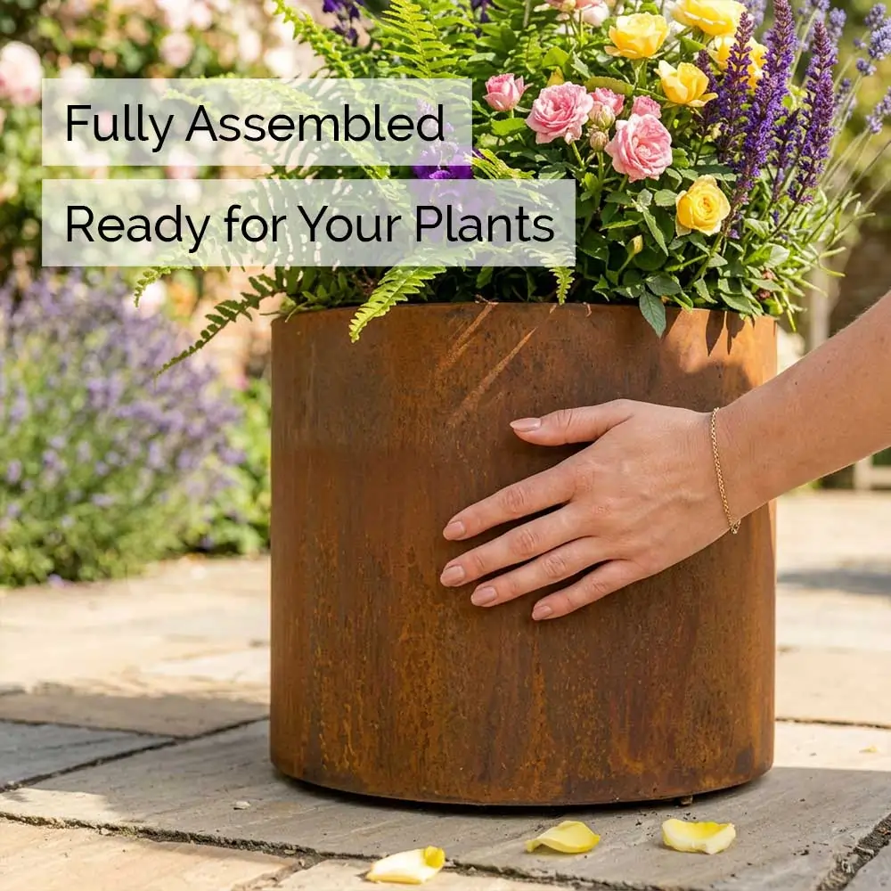 Pre-Rusted Corten Steel Round Short Cylinder Planter with Feet - Image 15