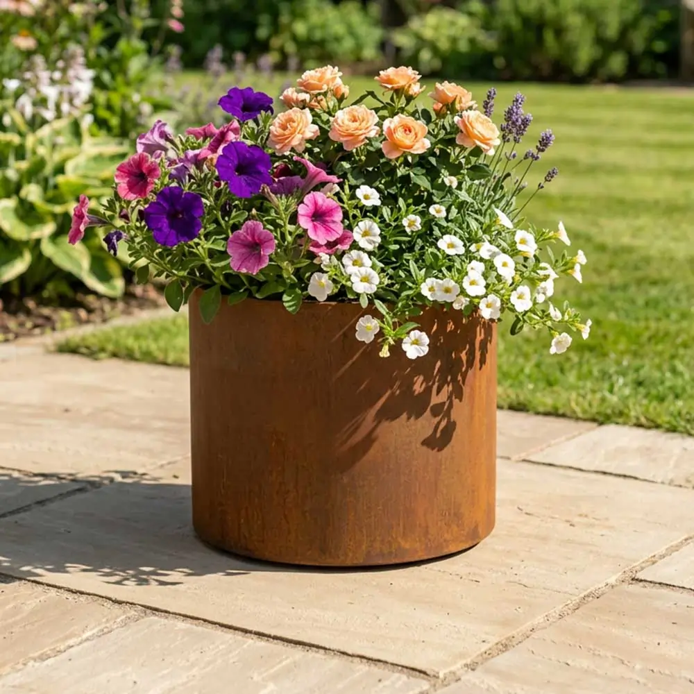 Pre-Rusted Corten Steel Round Short Cylinder Planter with Feet - Image 22