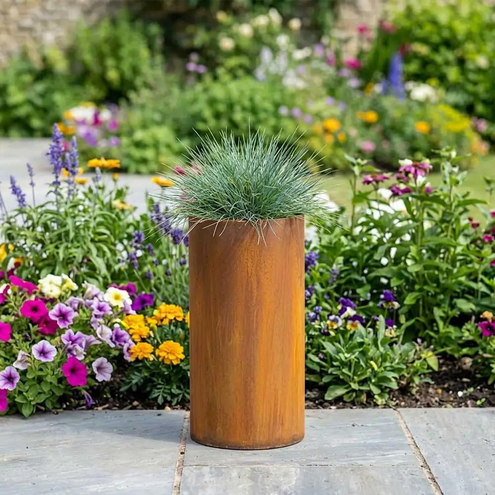 Pre-Rusted Corten Steel Round Tall Cylinder Planter with Feet - Image 11
