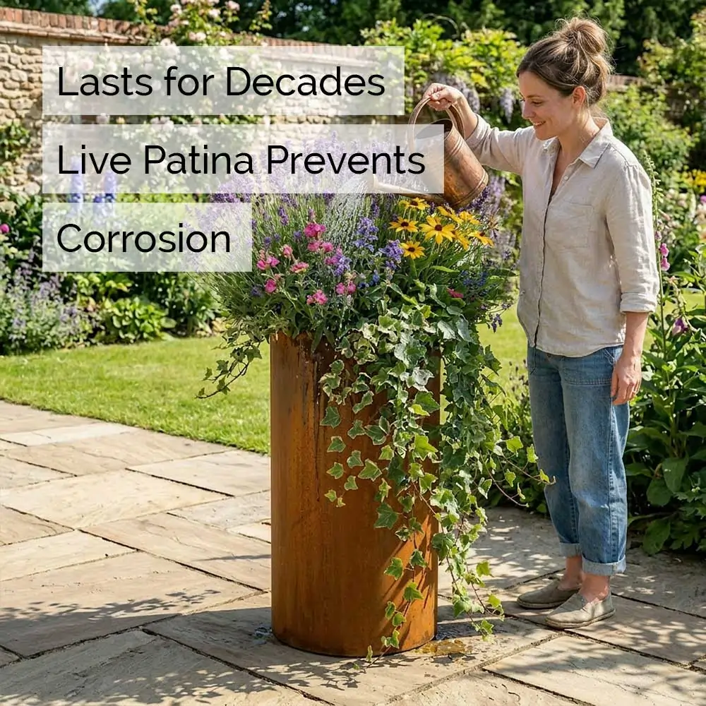 Pre-Rusted Corten Steel Round Tall Cylinder Planter with Feet - Image 16
