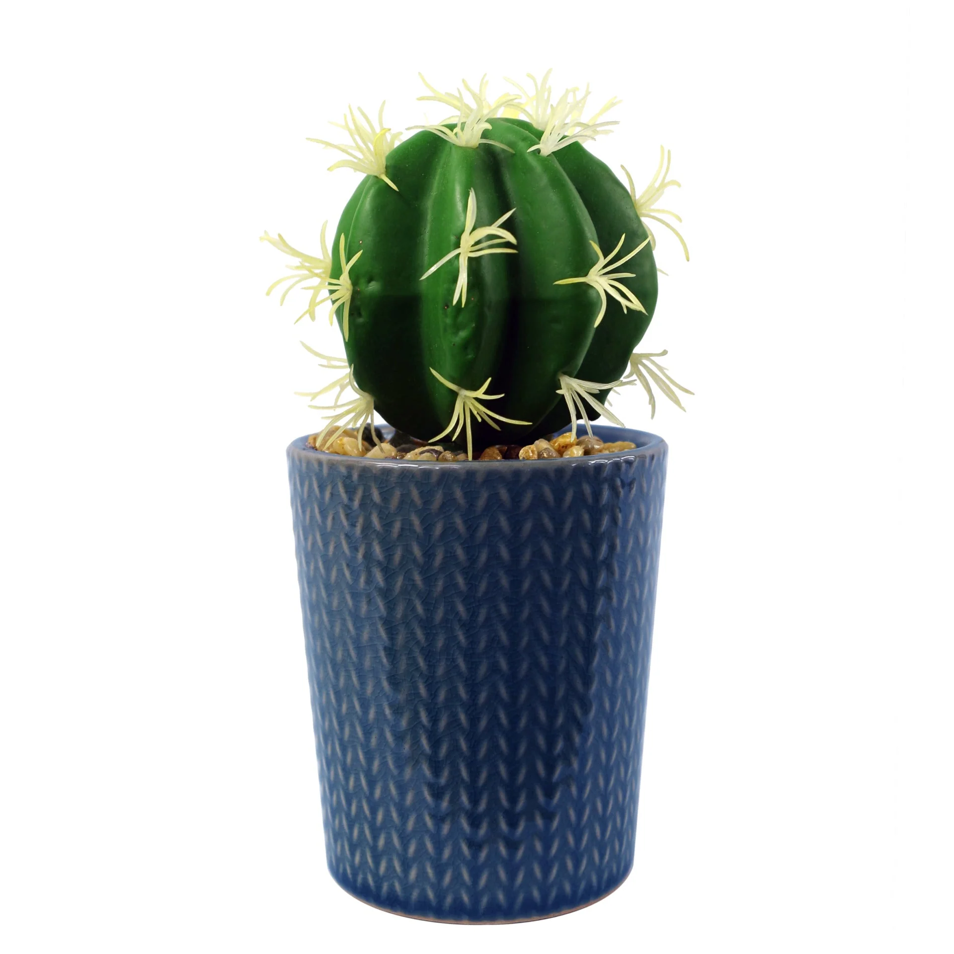 Set of Three 17cm Ceramic Blue Stripe Planter with Artificial Cactus Dracaena & Succulents - Image 2