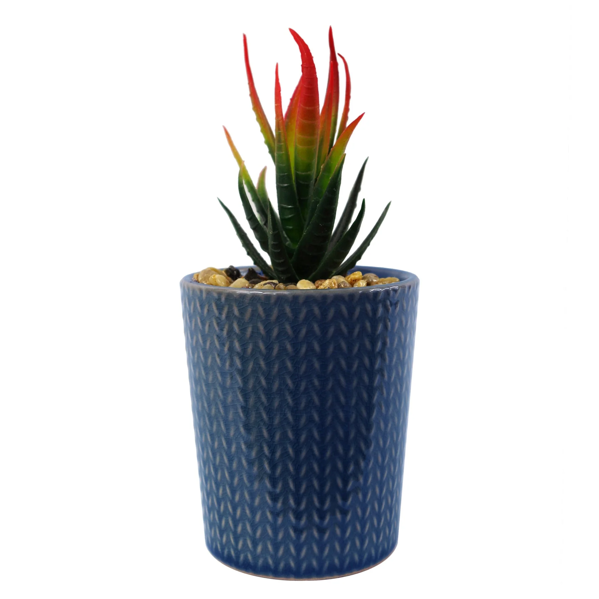 Set of Three 17cm Ceramic Blue Stripe Planter with Artificial Cactus Dracaena & Succulents - Image 3
