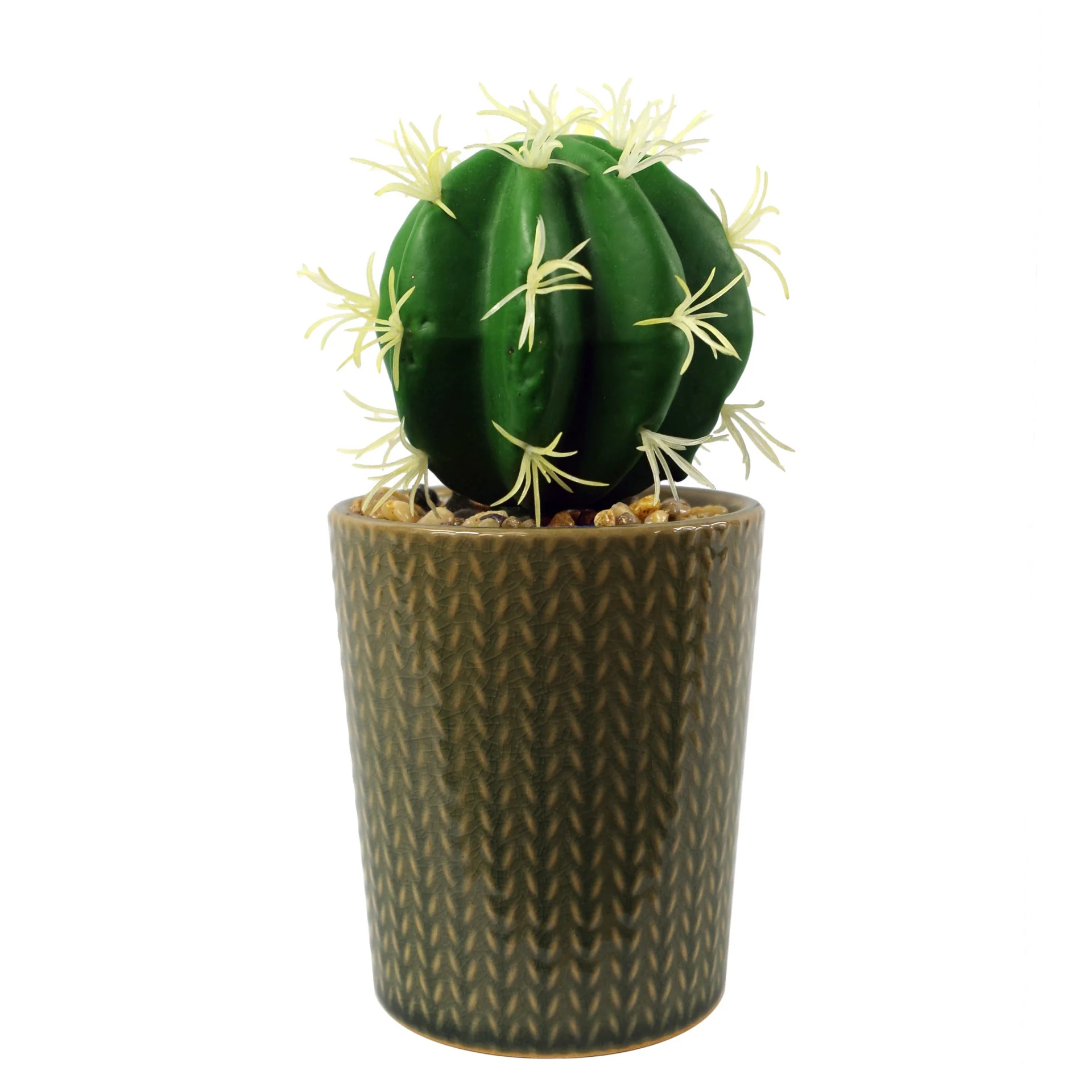 Set of Three 17cm Ceramic Stone Stripe Planter with Artificial Cactus Dracaena & Succulents - Image 2