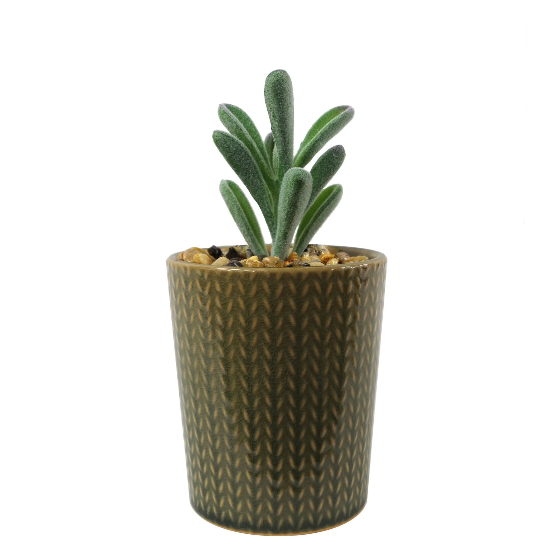 Set of Three 17cm Ceramic Stone Stripe Planter with Artificial Cactus Dracaena & Succulents - Image 3
