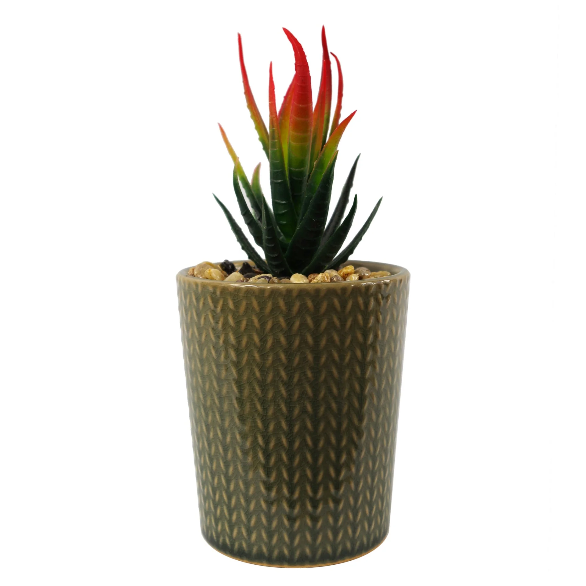 Set of Three 17cm Ceramic Stone Stripe Planter with Artificial Cactus Dracaena & Succulents - Image 4