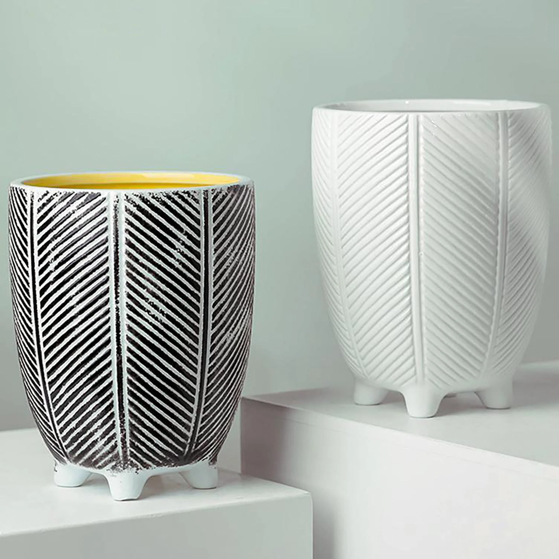 Tall Ceramic Planter Plant Pot With Feet White Stripe 15 x 15 x 19cm - Image 3